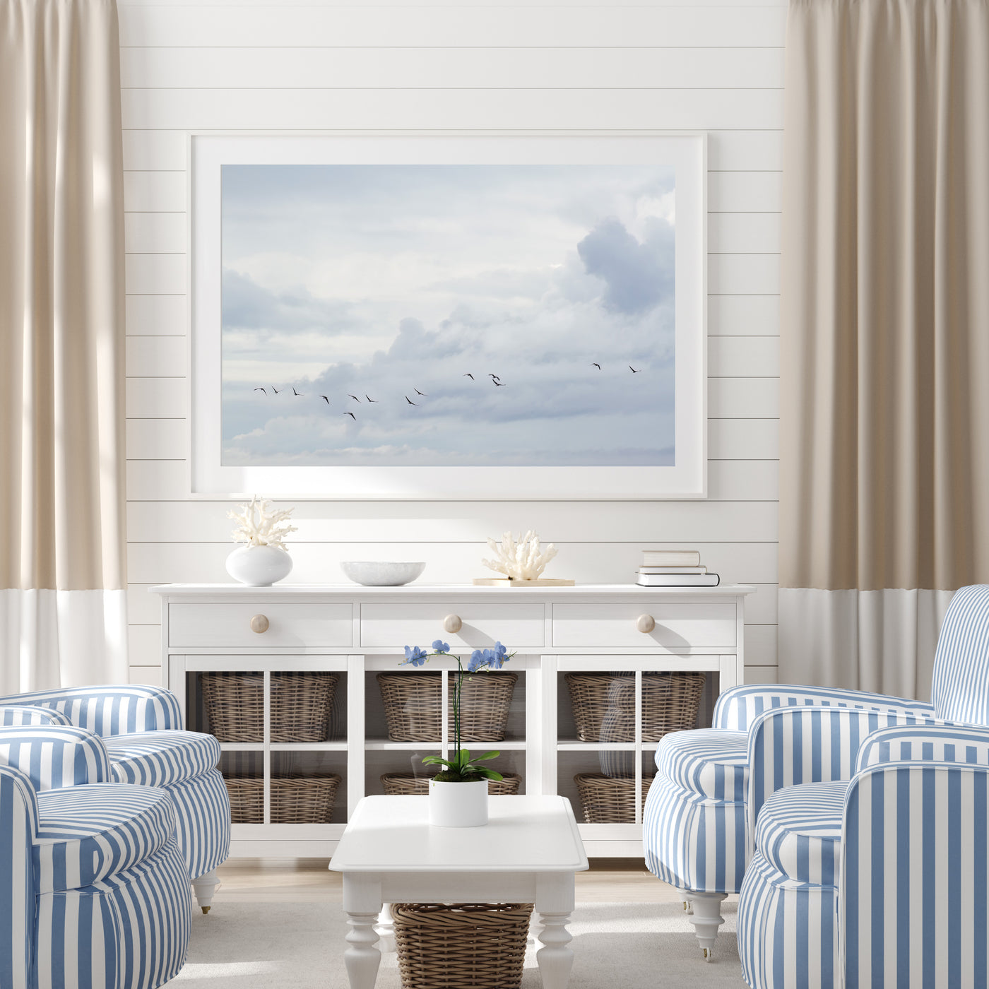 Flock of birds wall art by Cattie Coyle Photography in living room