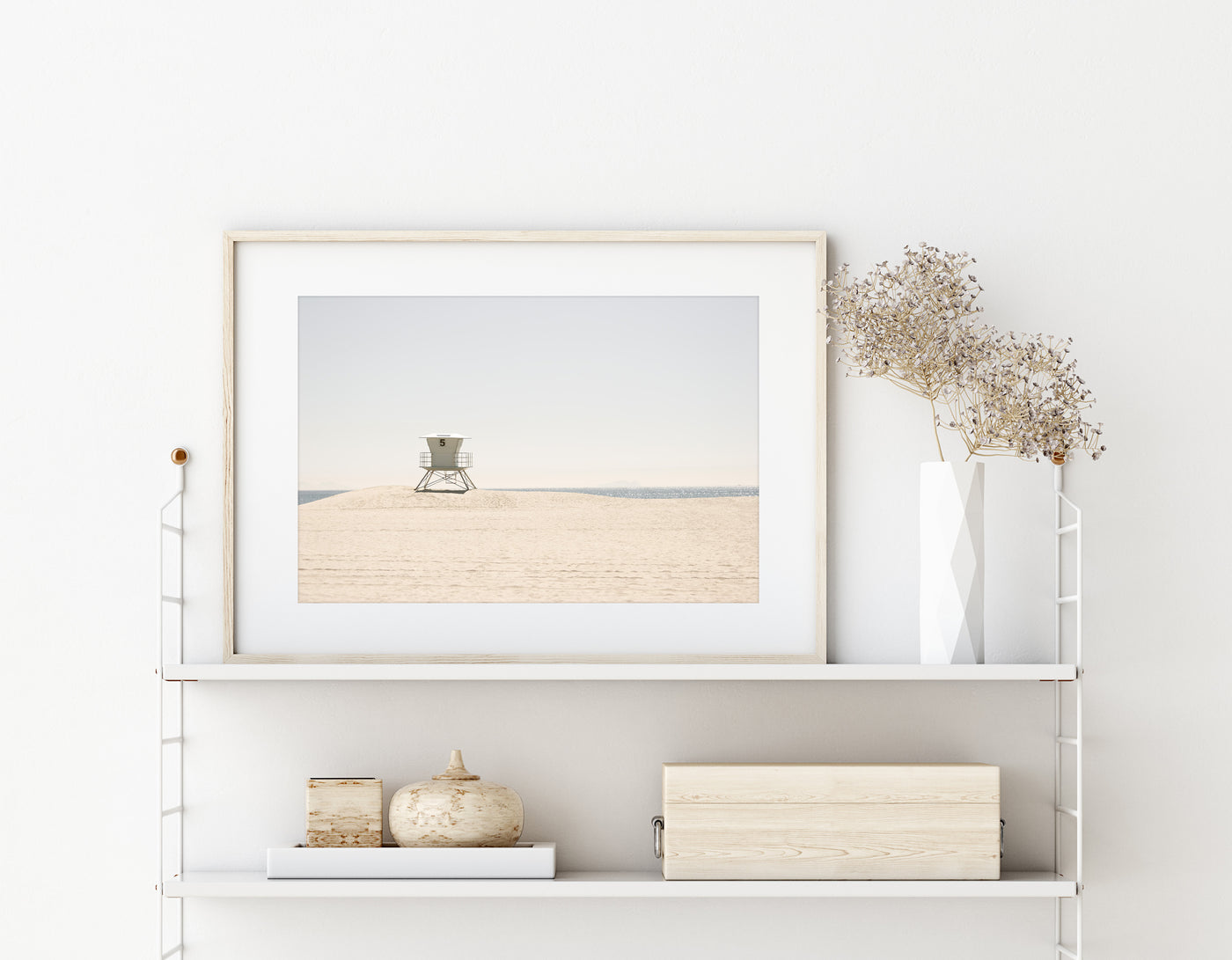 California Dreaming No 1 - Framed beach fine art print by Cattie Coyle Photography on string shelf with neutral colored decor items