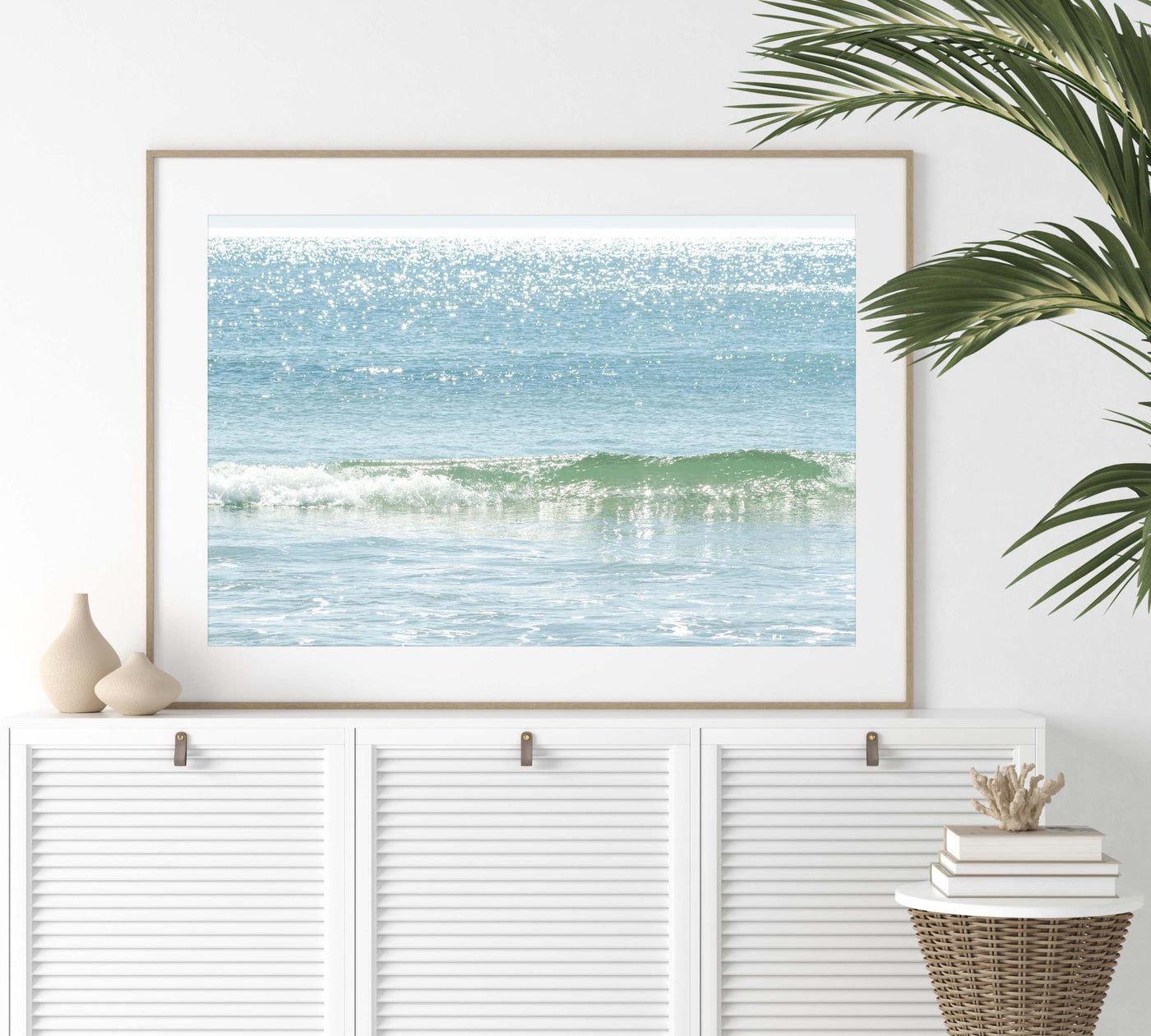 Ocean art print by Cattie Coyle Photography on beach house dresser