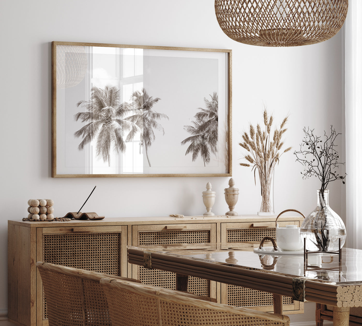 Palm Trees – Large black and white fine art print by Cattie Coyle Photography in dining room