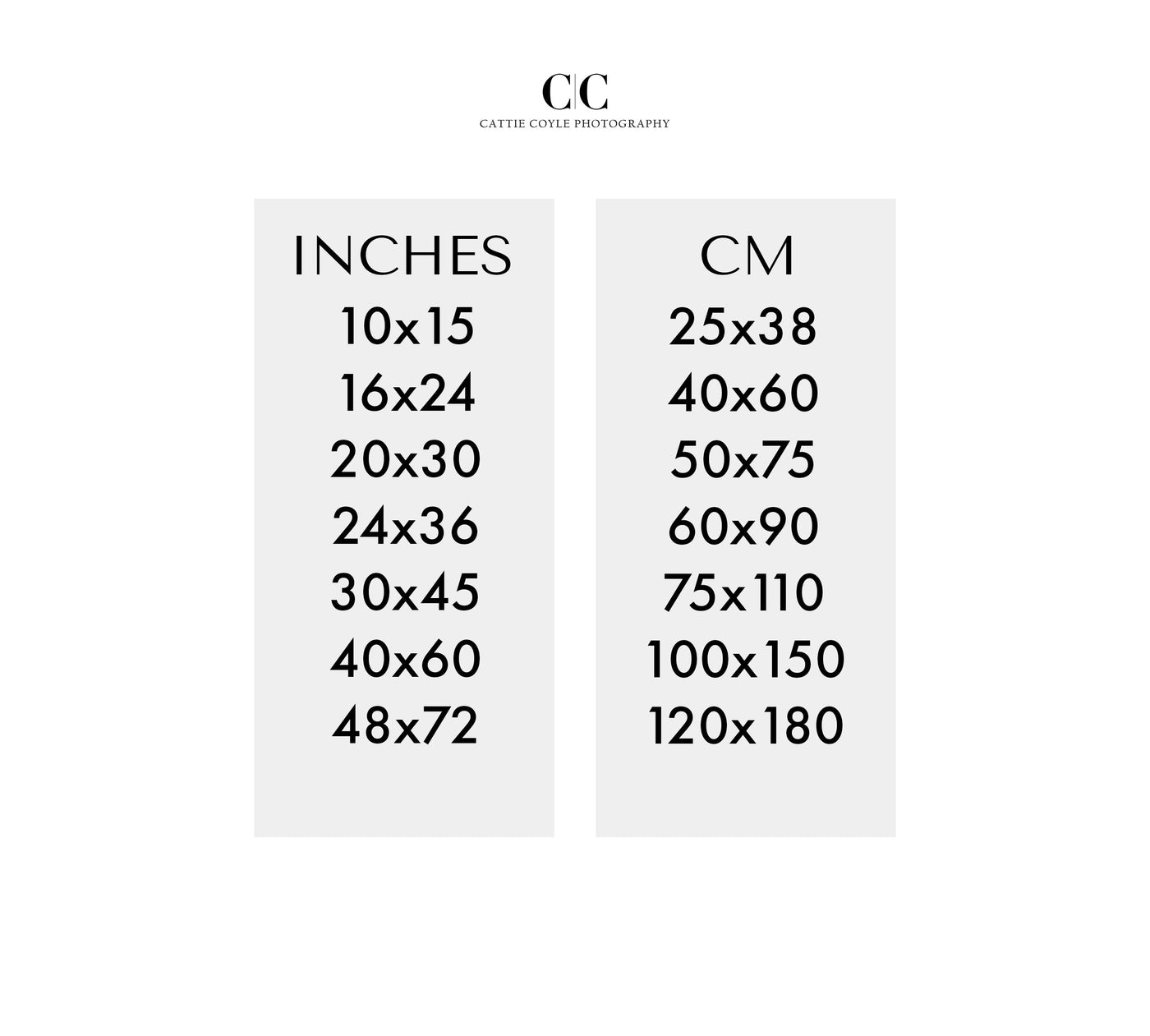 10x15 - 48x72 Inches to cm conversion chart Cattie Coyle Photography
