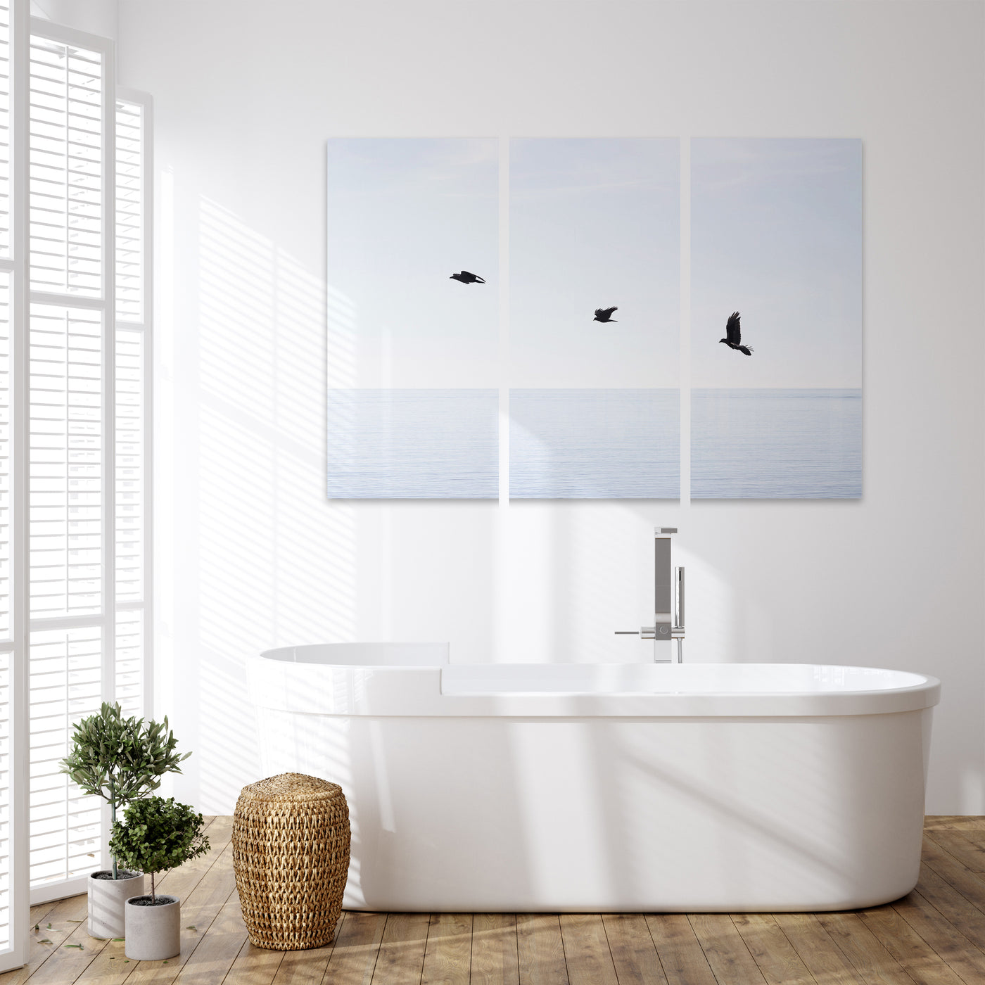 Three Birds - Multi piece acrylic glass wall art by Cattie Coyle Photography in bathroom