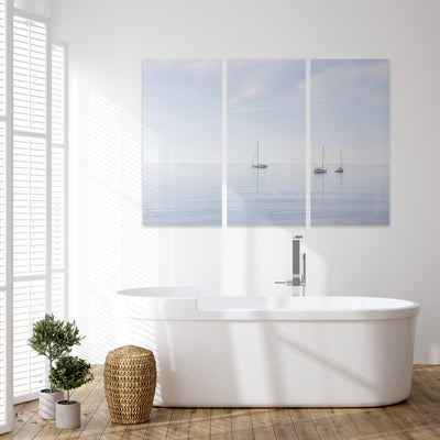 Boats No 6 - Coastal triptych by Cattie Coyle Photography in bathroom