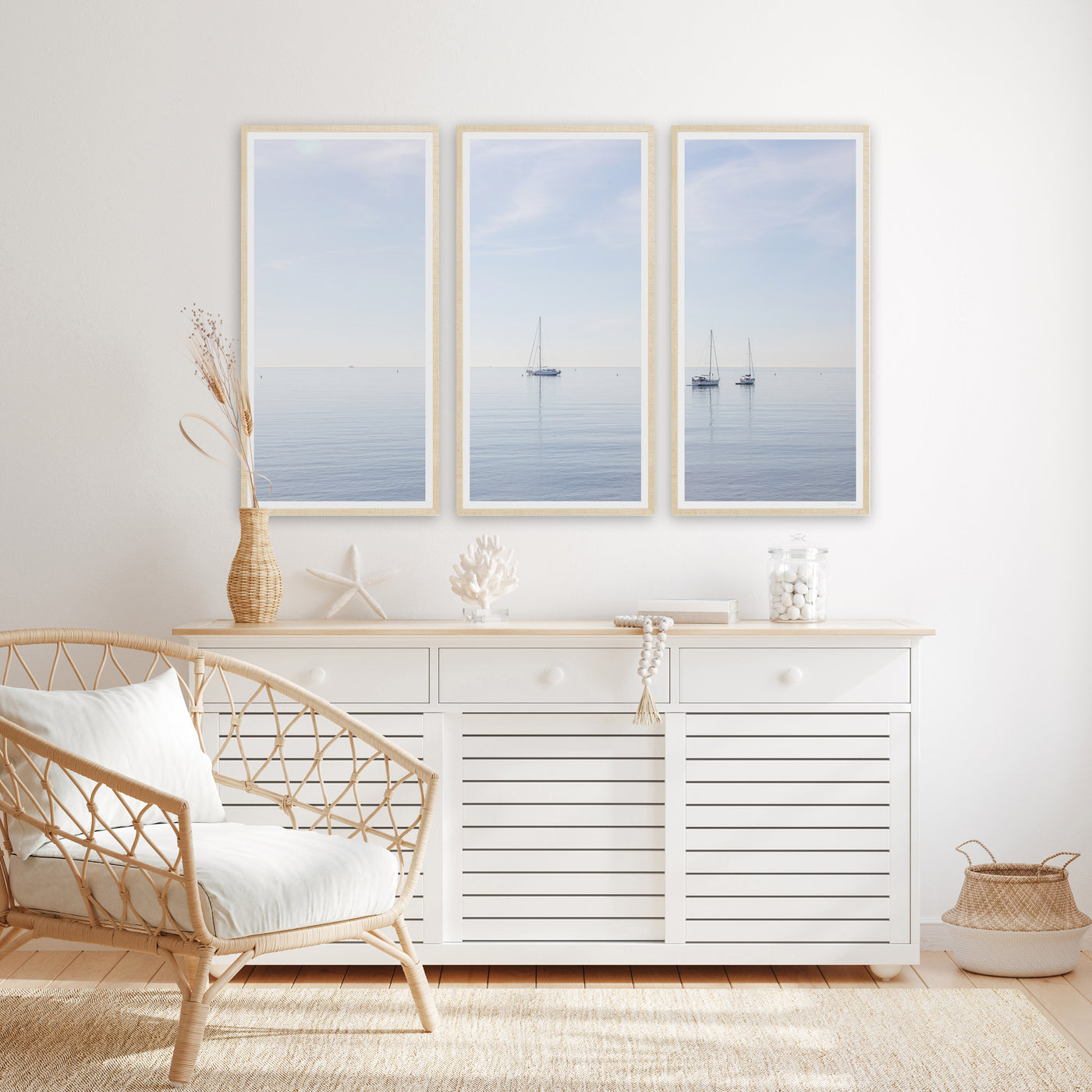 Boats No 6 - 3 piece art set by Cattie Coyle Photography above beach house dresser