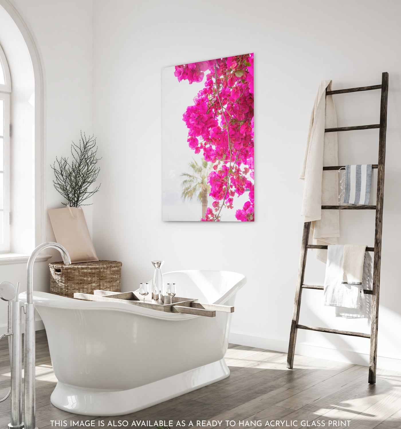 Bougainvillea and Palm Tree - Acrylic glass art print by Cattie Coyle Photography in bathroom