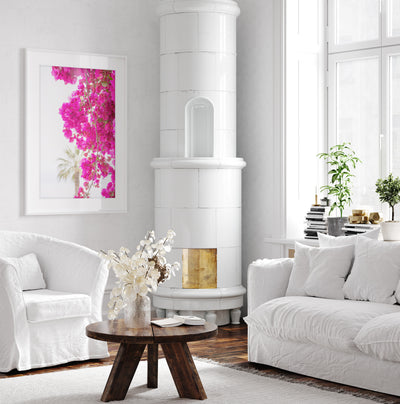 Pink wall art by Cattie Coyle Photography in living room