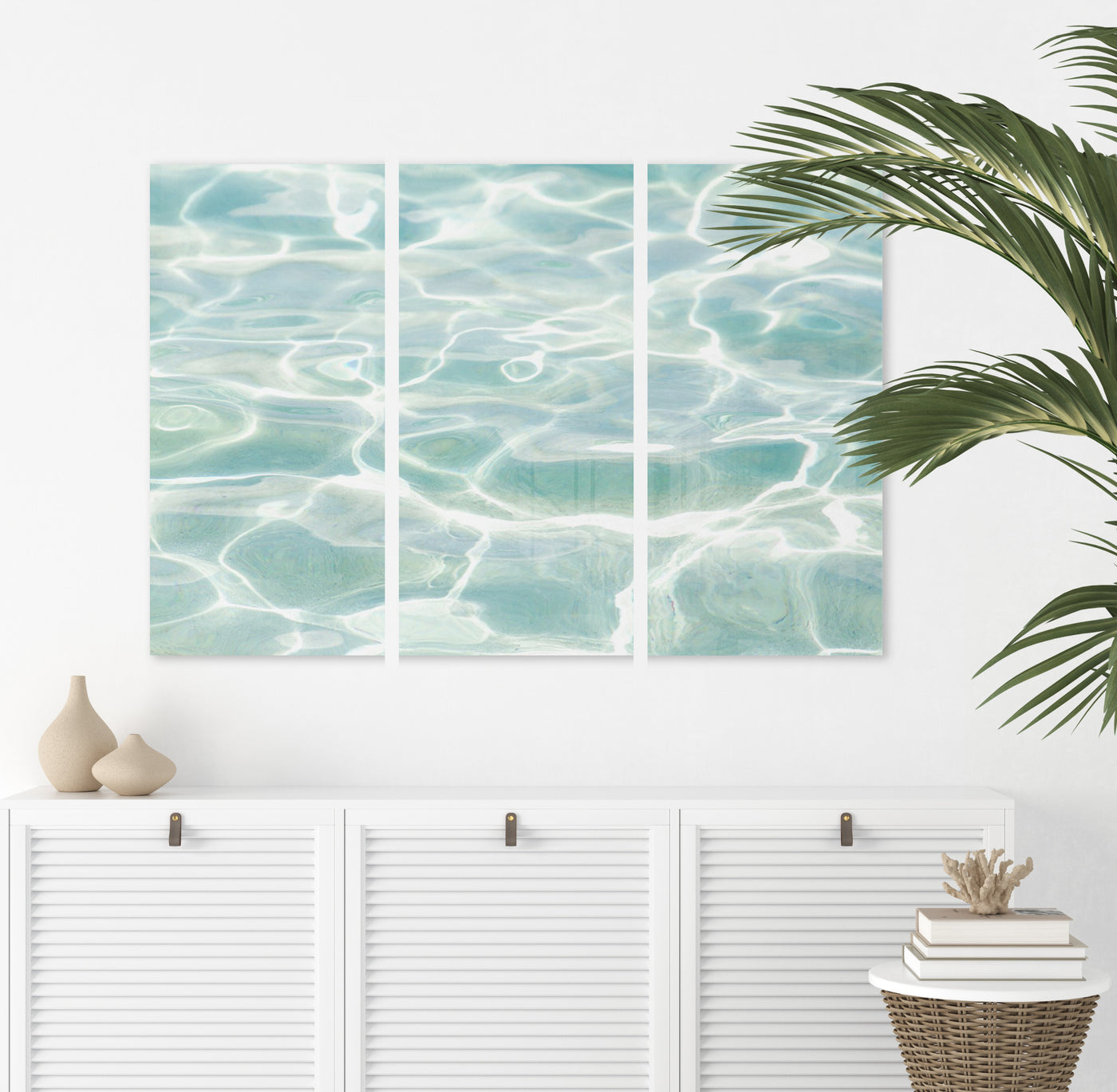 Caribbean Sea No 1 - Acrylic glass 3 panel print by Cattie Coyle Photography above dresser