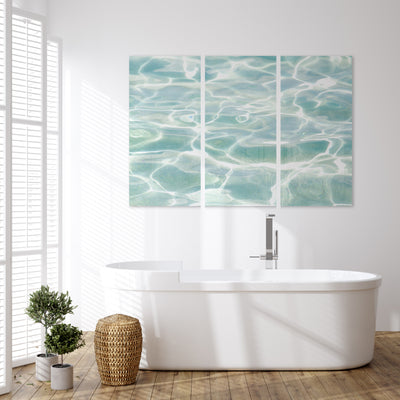 Caribbean Sea No 1 - Oversized triptych wall art by Cattie Coyle Photography in bathroom