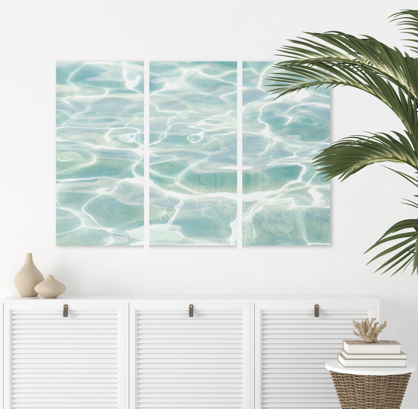 Caribbean Sea No 1 - Oversized triptych wall art by Cattie Coyle Photography above dresser