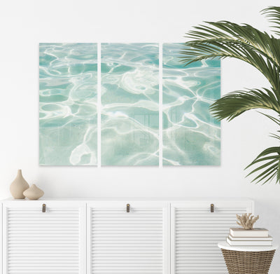 Caribbean Sea No 2 - Acrylic glass 3 piece large wall art by Cattie Coyle Photography above dresser
