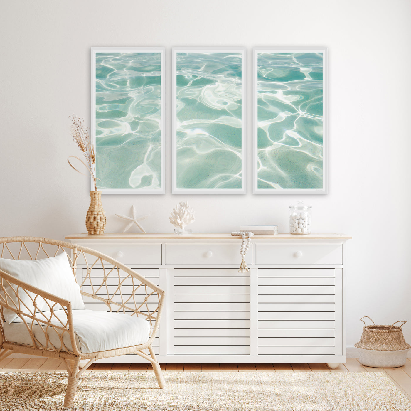 Caribbean Sea No 2 - Three piece wall art by Cattie Coyle Photography in beach house living room