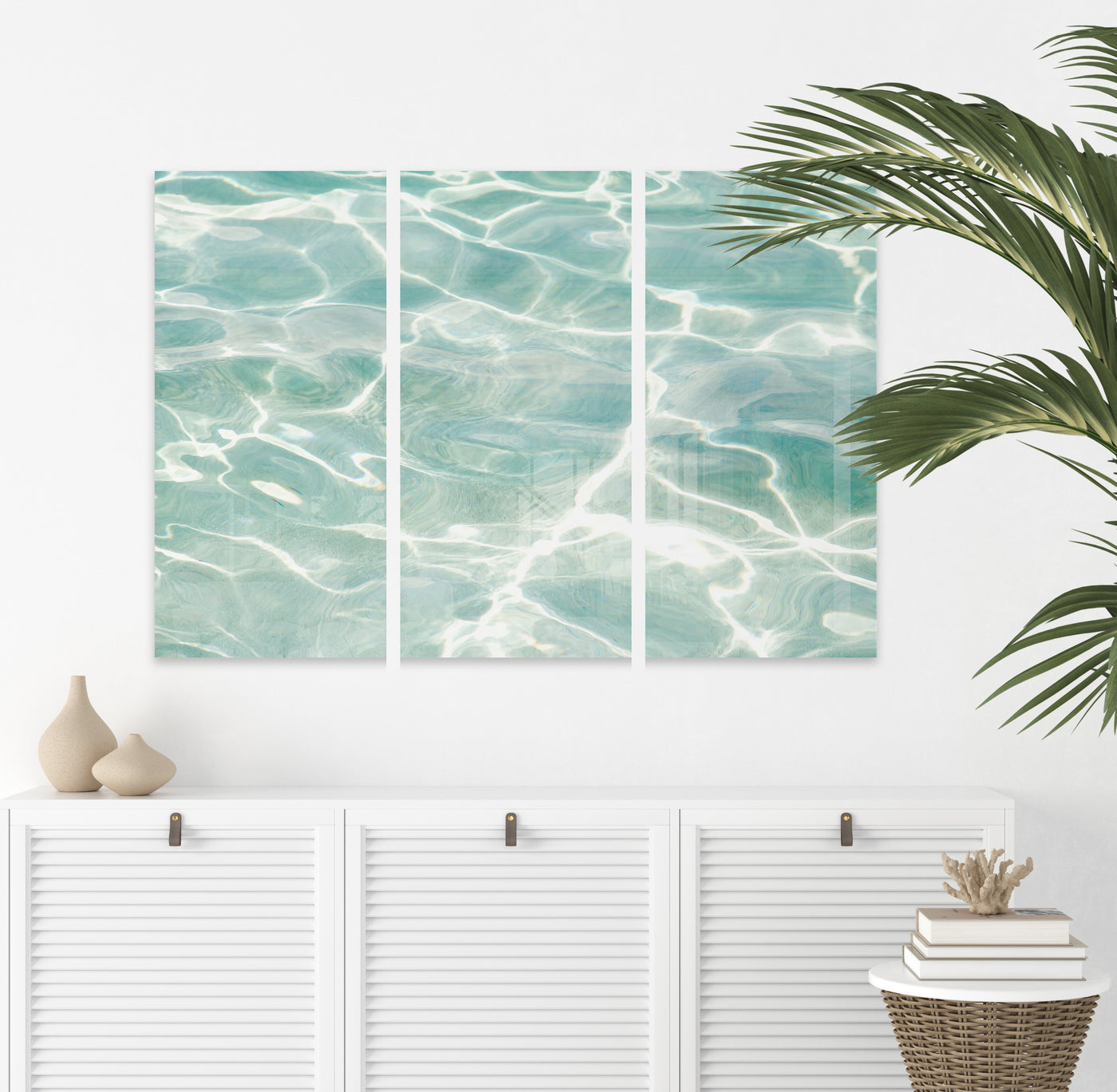 Caribbean Sea No 3 - Large triptych wall art by Cattie Coyle Photography above dresser