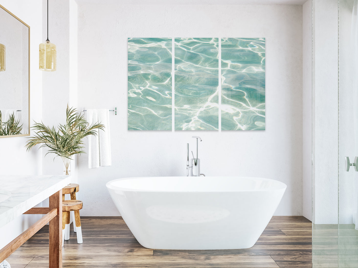 Caribbean Sea No 3 - Large triptych acrylic glass wall art by Cattie Coyle Photography in bathroom