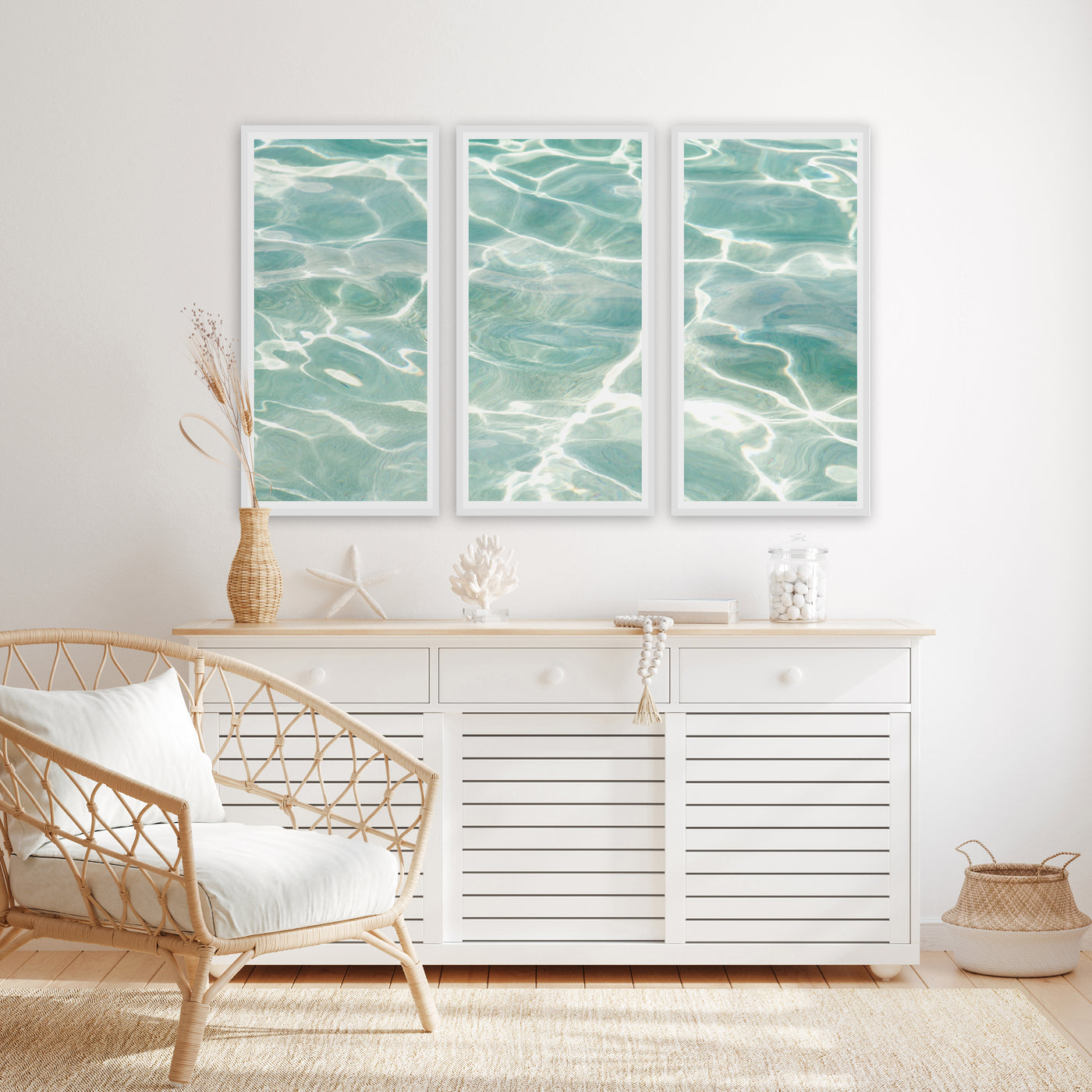 Caribbean Sea No 3 - Multi panel wall art by Cattie Coyle Photography above dresser in beach house
