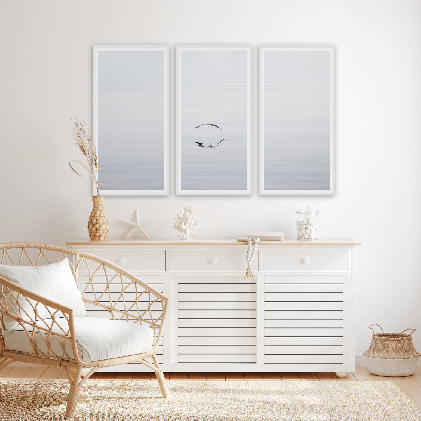 Early Morning Flight - 3 piece art set by Cattie Coyle Photography above beach house dresser