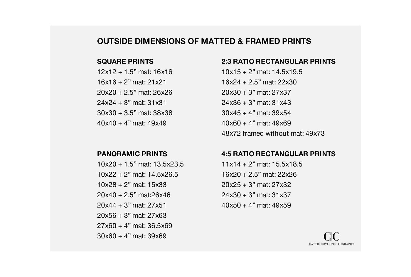 Framed art sizes | Cattie Coyle Photography
