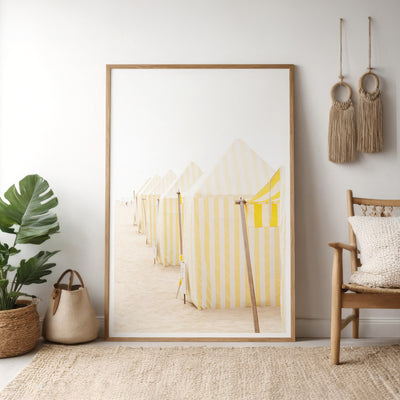 Framed beach print by Cattie Coyle Photography in living room