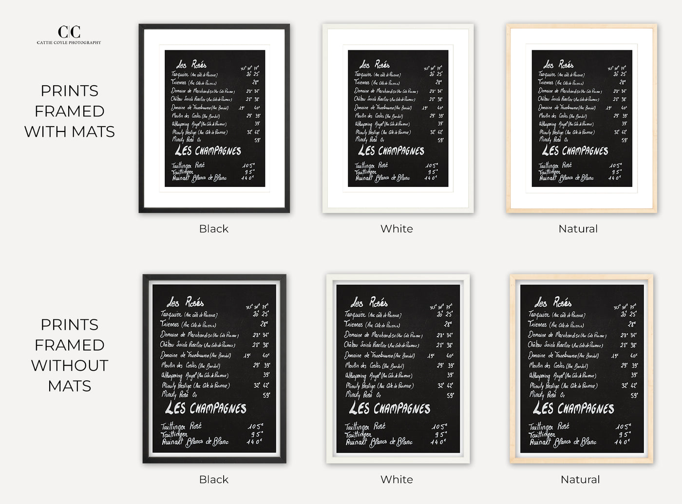 Framed wine menu prints by Cattie Coyle Photography