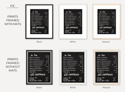 Framed wine menu prints by Cattie Coyle Photography