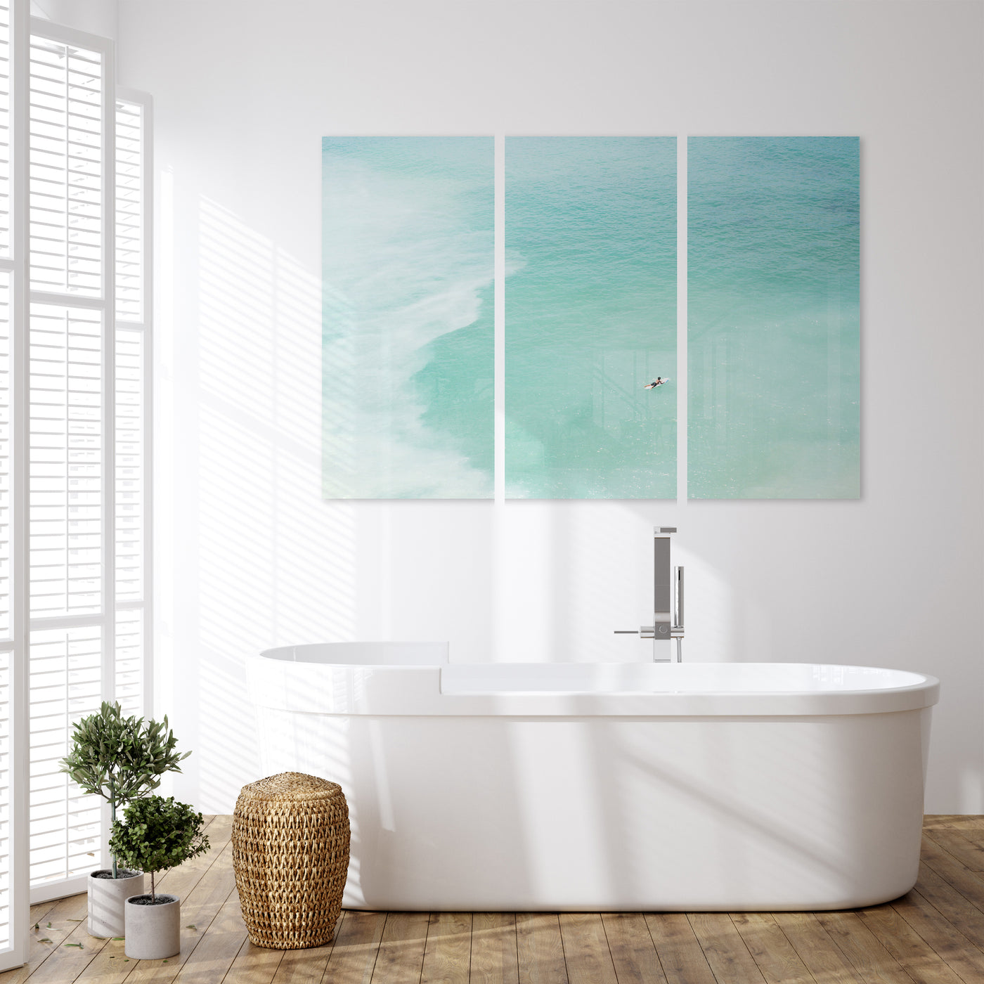 Magoito No 13 - 3 piece coastal acrylic glass wall art by Cattie Coyle Photography in bathroom