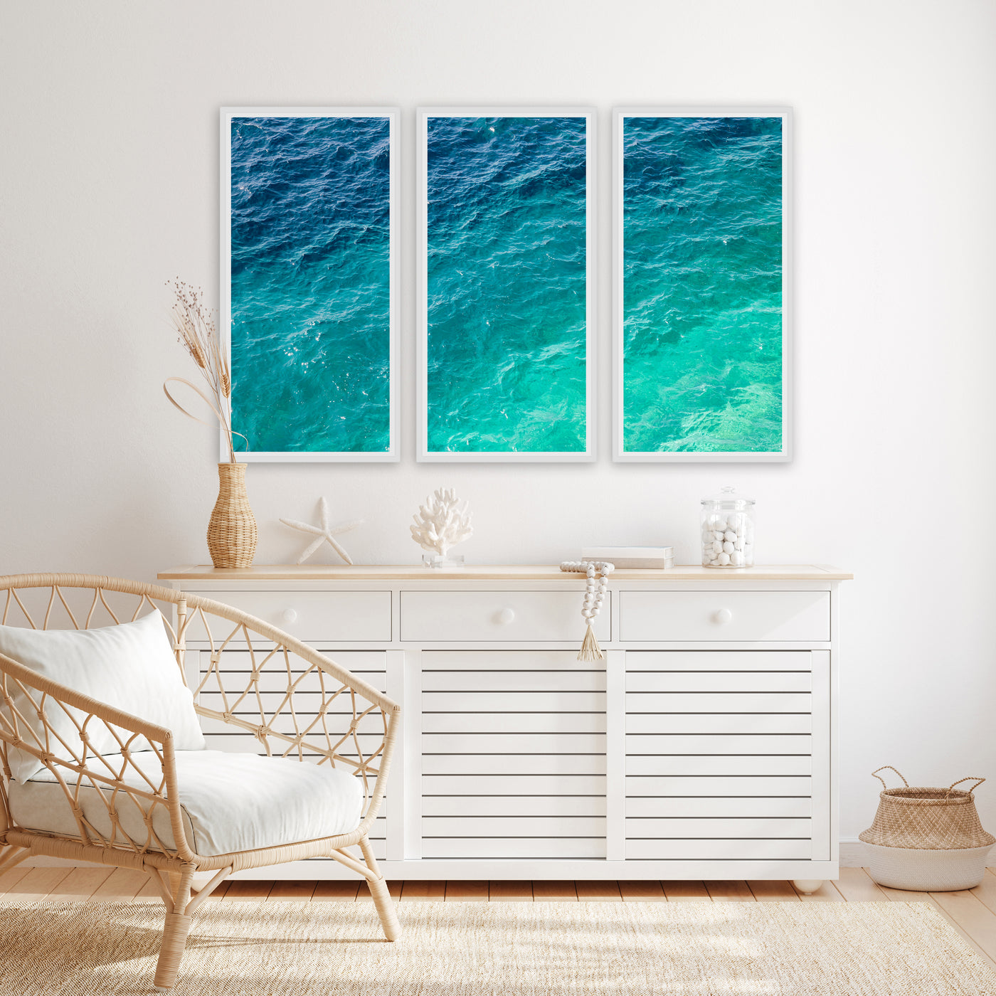 Mediterranean Shades of Teal - Fine art triptych by Cattie Coyle Photography in beach house