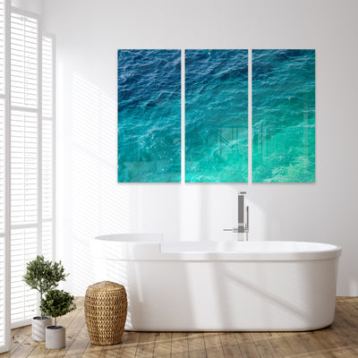 Mediterranean Shades of Teal No 1 - Acrylic glass three piece art set by Cattie Coyle Photography in bathroom