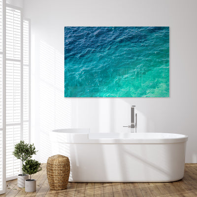 Mediterranean Shades of Teal No 1 - Oversized acrylic wall art by Cattie Coyle Photography in bathroom 