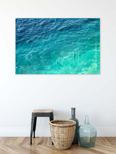 Mediterranean Shades of Teal No 1 - Oversized acrylic wall art by Cattie Coyle Photography in entryway 