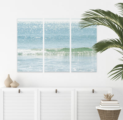 3 piece ocean wall art by Cattie Coyle Photography above dresser