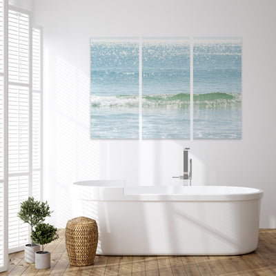3 piece ocean wall art by Cattie Coyle Photography in bathroom