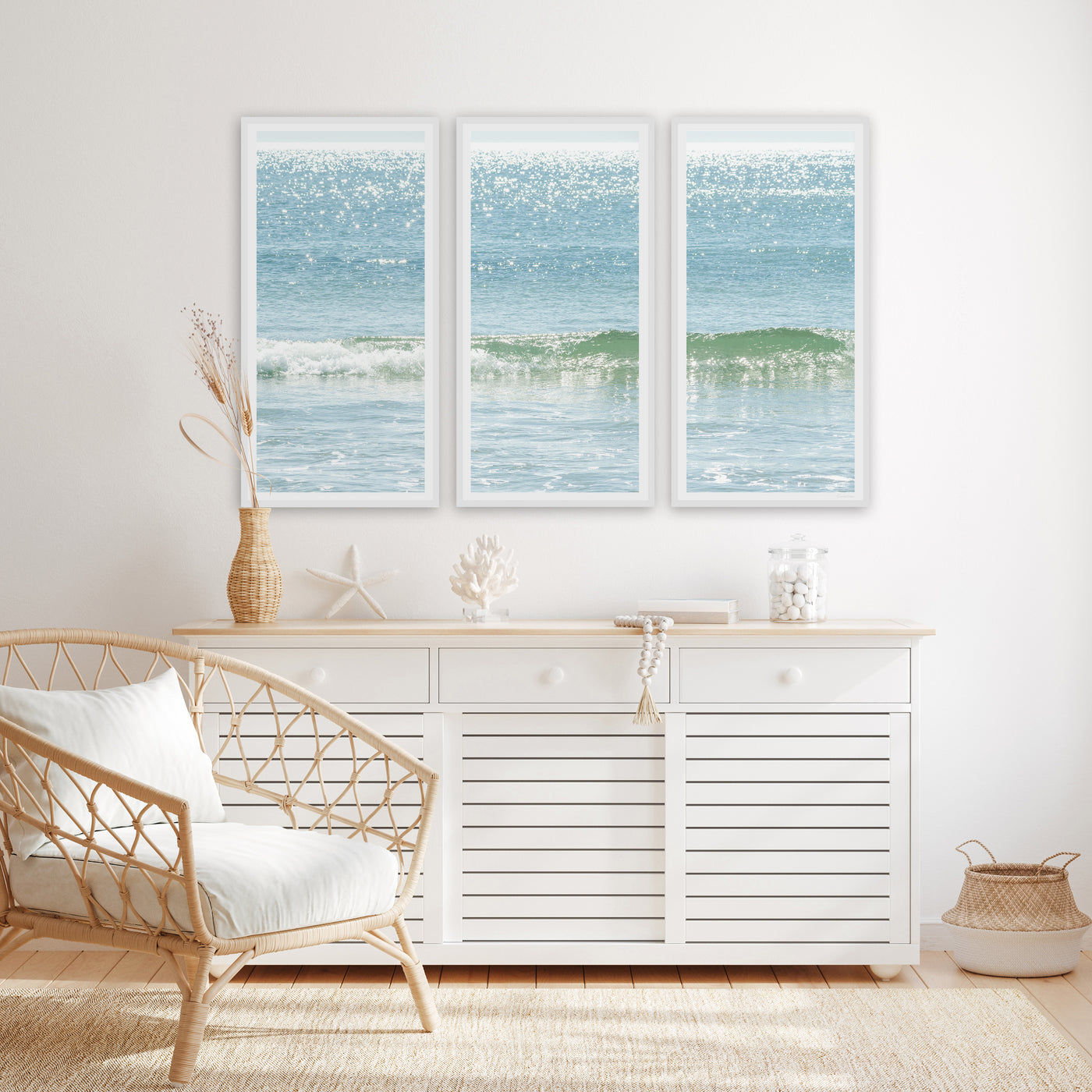 Ocean Waves No 11 - 3 piece wall art framed prints by Cattie Coyle Photography above beach house dresser
