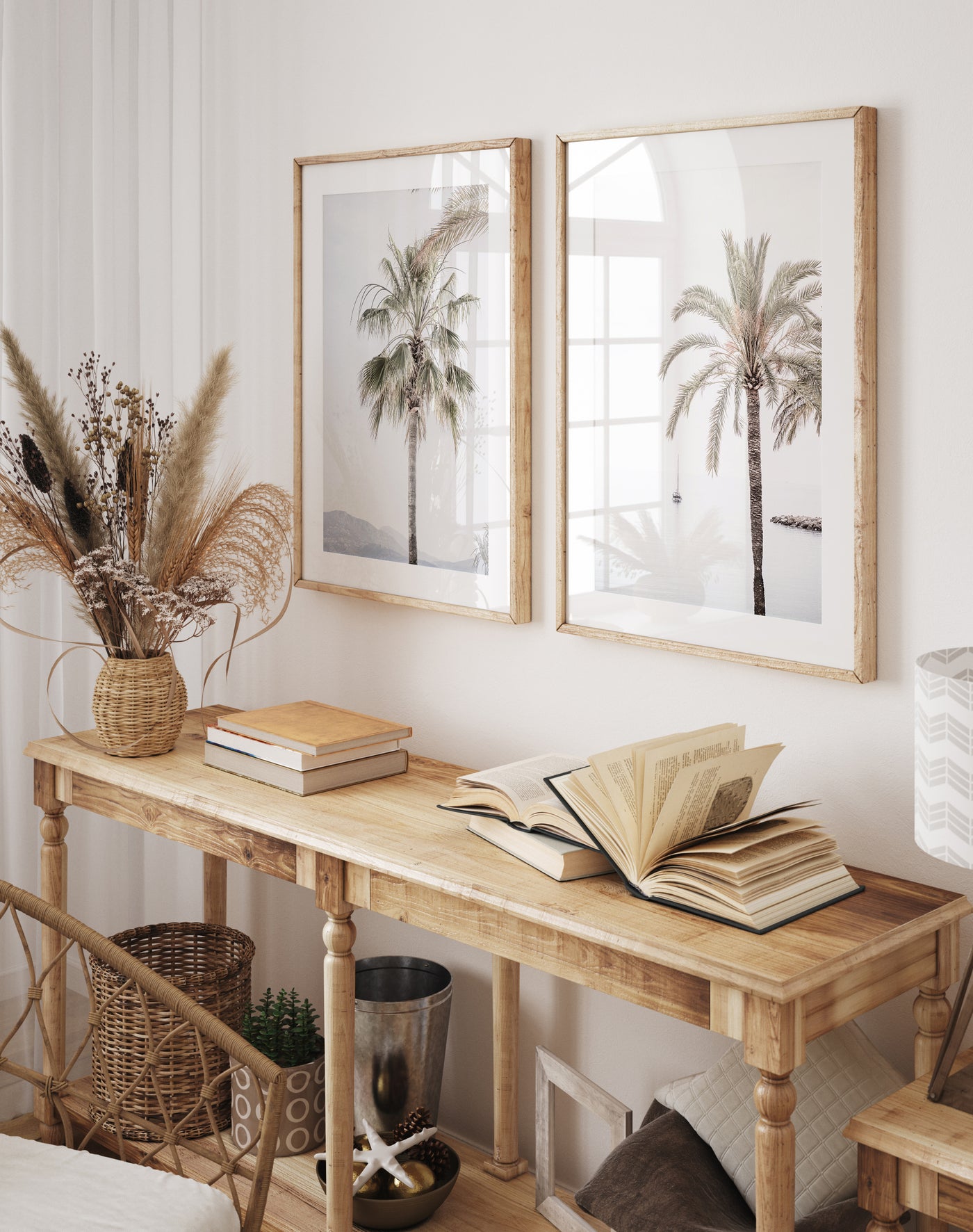 Palm tree prints by Cattie Coyle Photography above side table