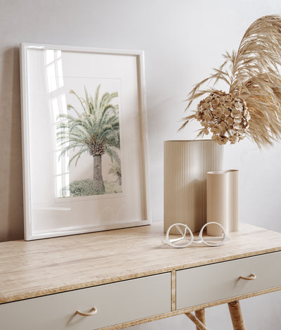Palm tree art print by Cattie Coyle Photography on desk