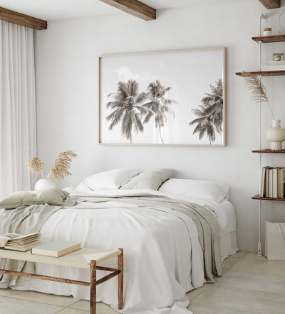 Palm trees art print by Cattie Coyle Photography in bedroom
