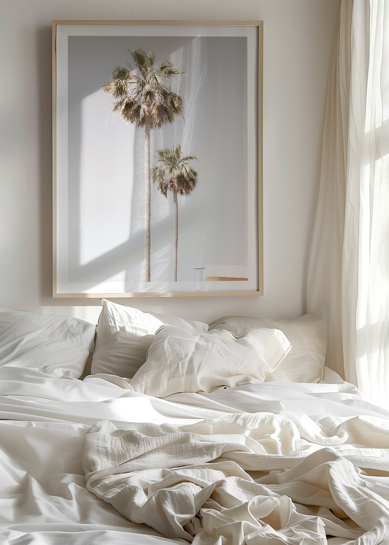 Palm Trees wall art by Cattie Coyle Photography above bed
