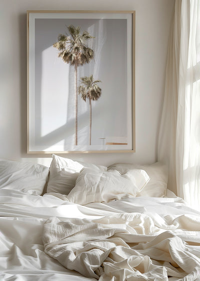 Palm Trees wall art by Cattie Coyle Photography above bed