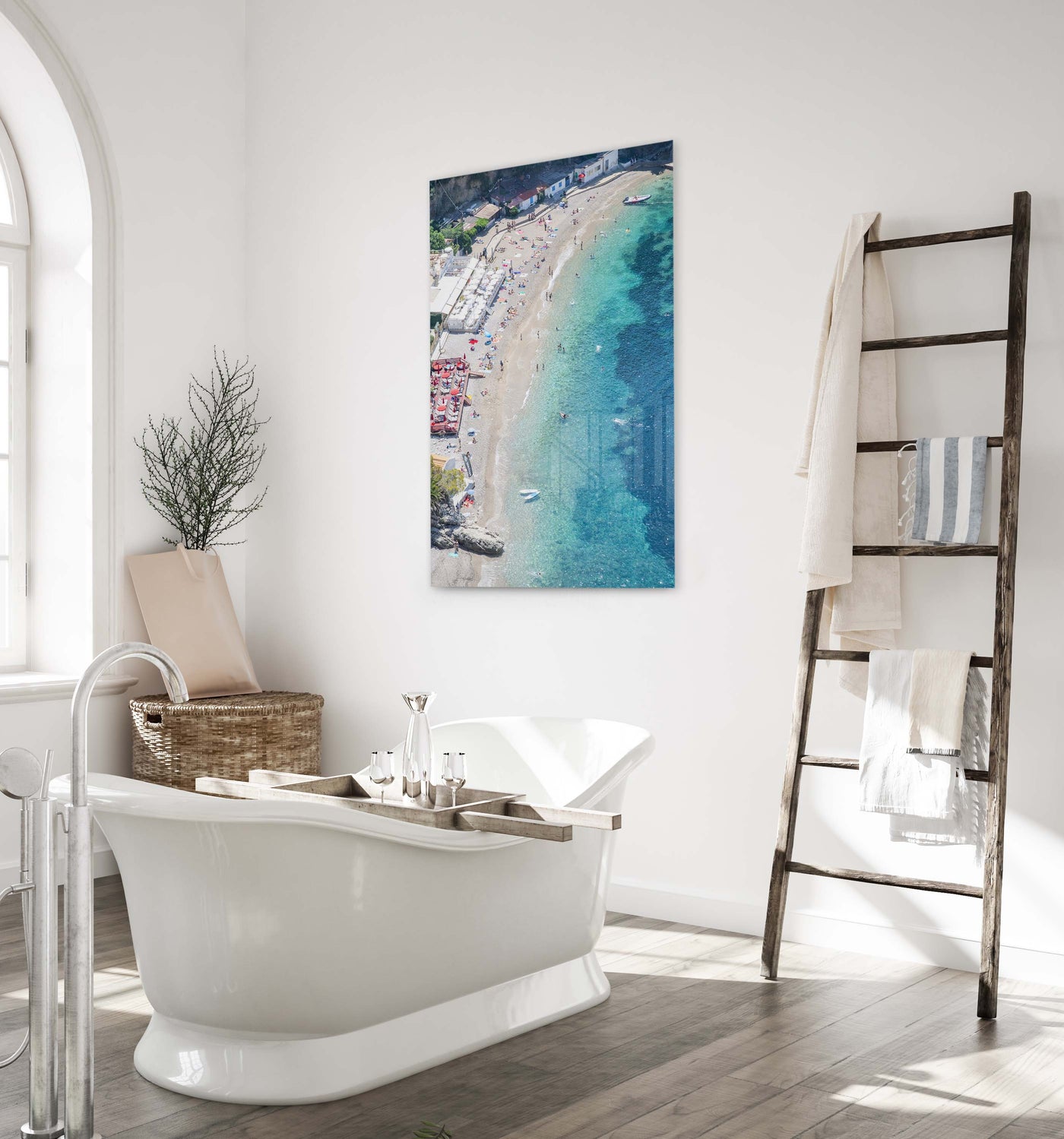 Plage Mala - Aerial view beach photography acrylic glass art print by Cattie Coyle Photography in bathroom