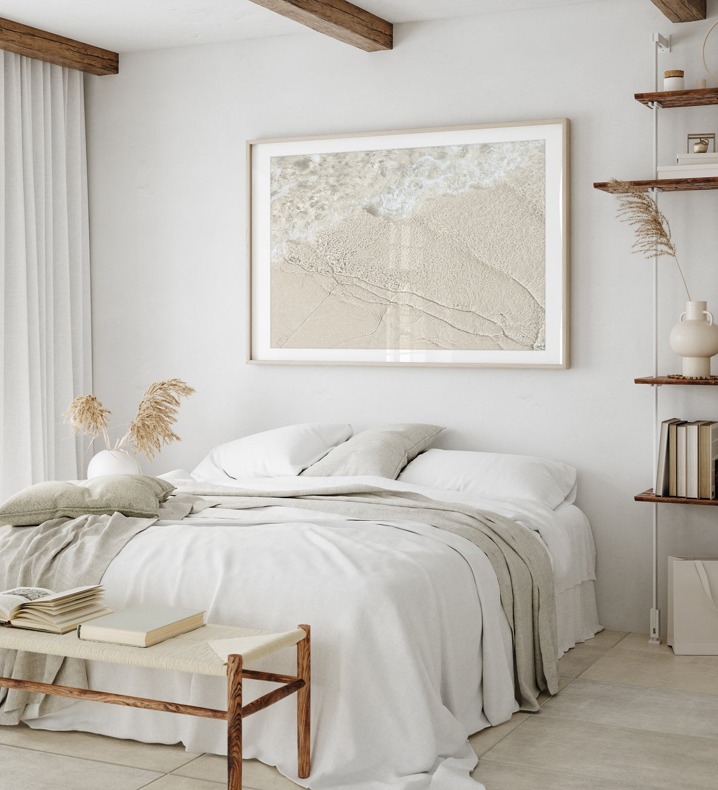 Shallow Water No 11 - Large neutral coastal wall art by Cattie Coyle Photography in bedroom