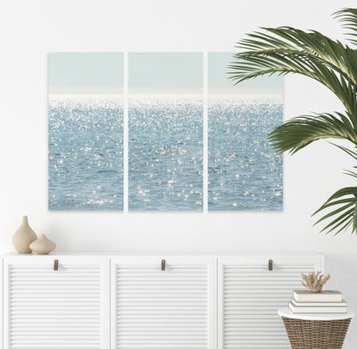 Sun Glitter - 3 piece wall art by Cattie Coyle Photography in beach house living room