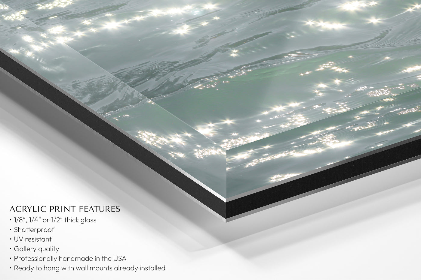 Sunstars - Acrylic glass art for bathroom walls by Cattie Coyle Photography Features and corner closeup. Copyright 2018. All rights reserved.