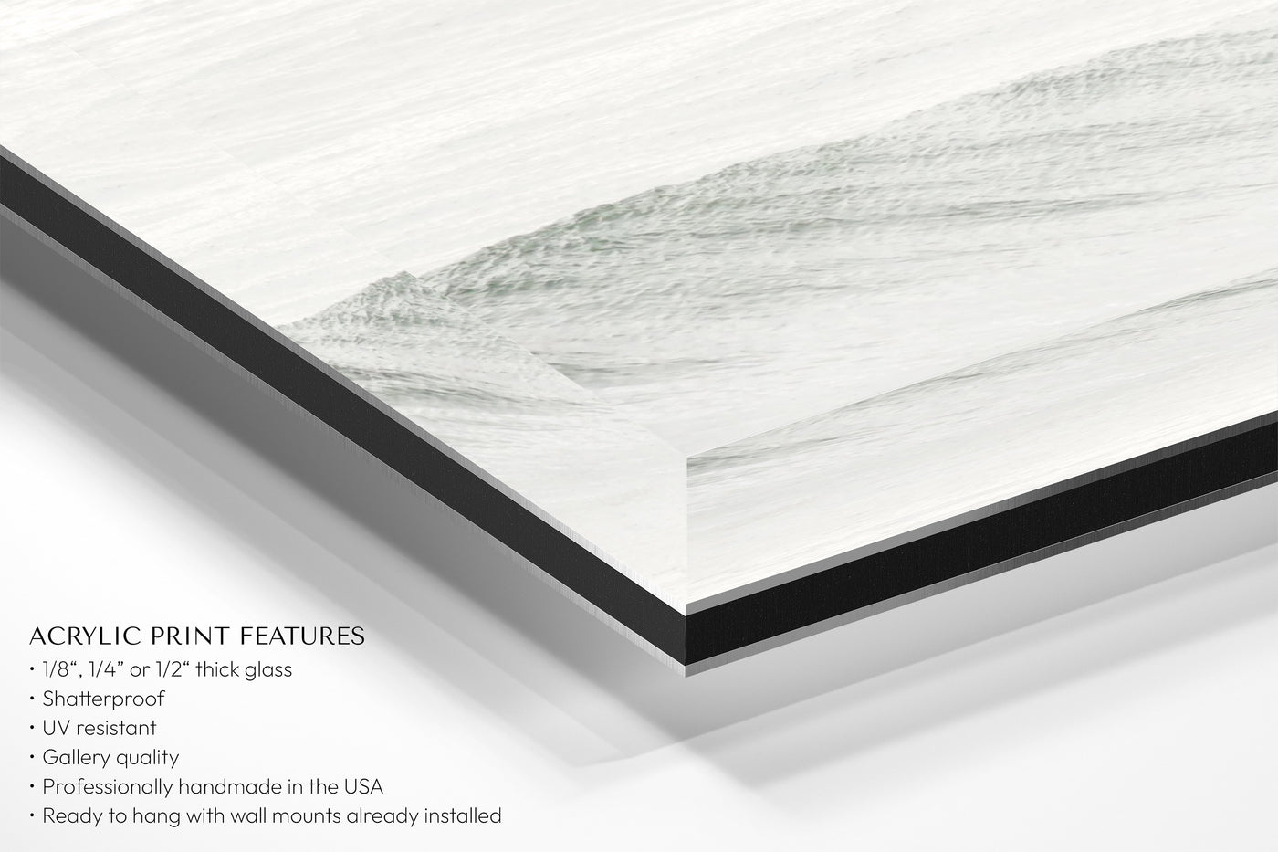 Surf art acrylic glass print by Cattie Coyle Photography, features and corner closeup. Copyright 2017 - All rights reserved.