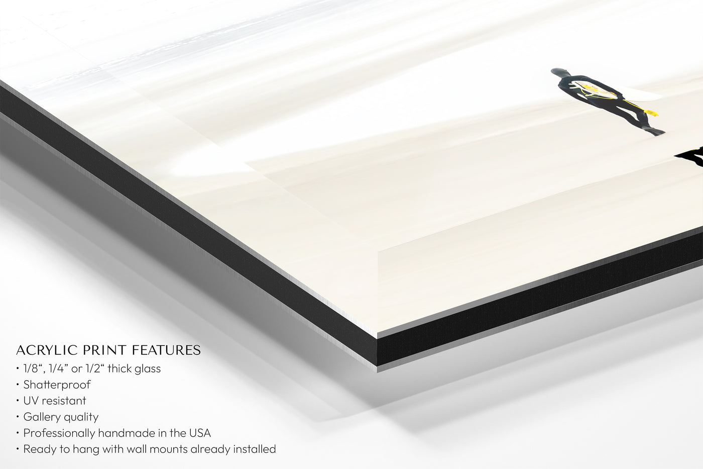 Acrylic glass surfer artwork by Cattie Coyle Photography, features and corner closeup. Copyright 2017 - All rights reserved.