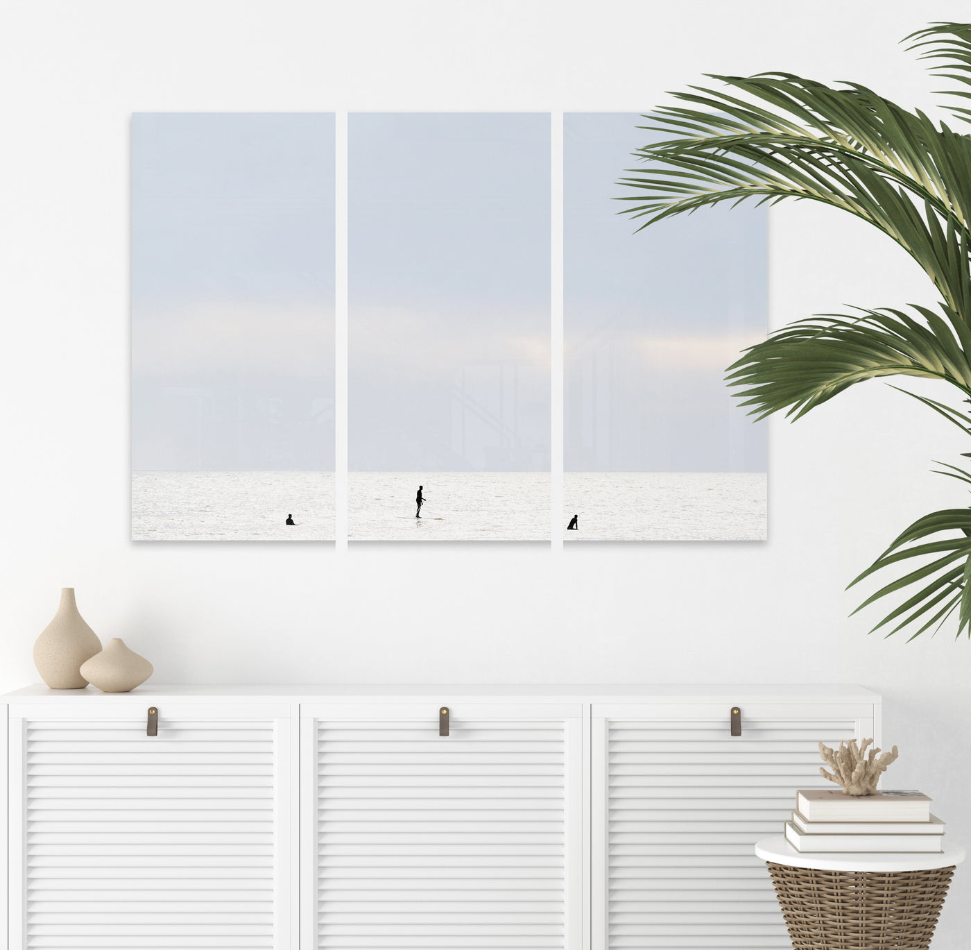 Surfing No 3 - Acrylic glass triptych art print by Cattie Coyle Photography above dresser