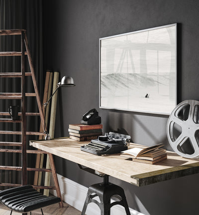 Surfing photography print by Cattie Coyle in home office. Copyright 2017. All rights reserved.