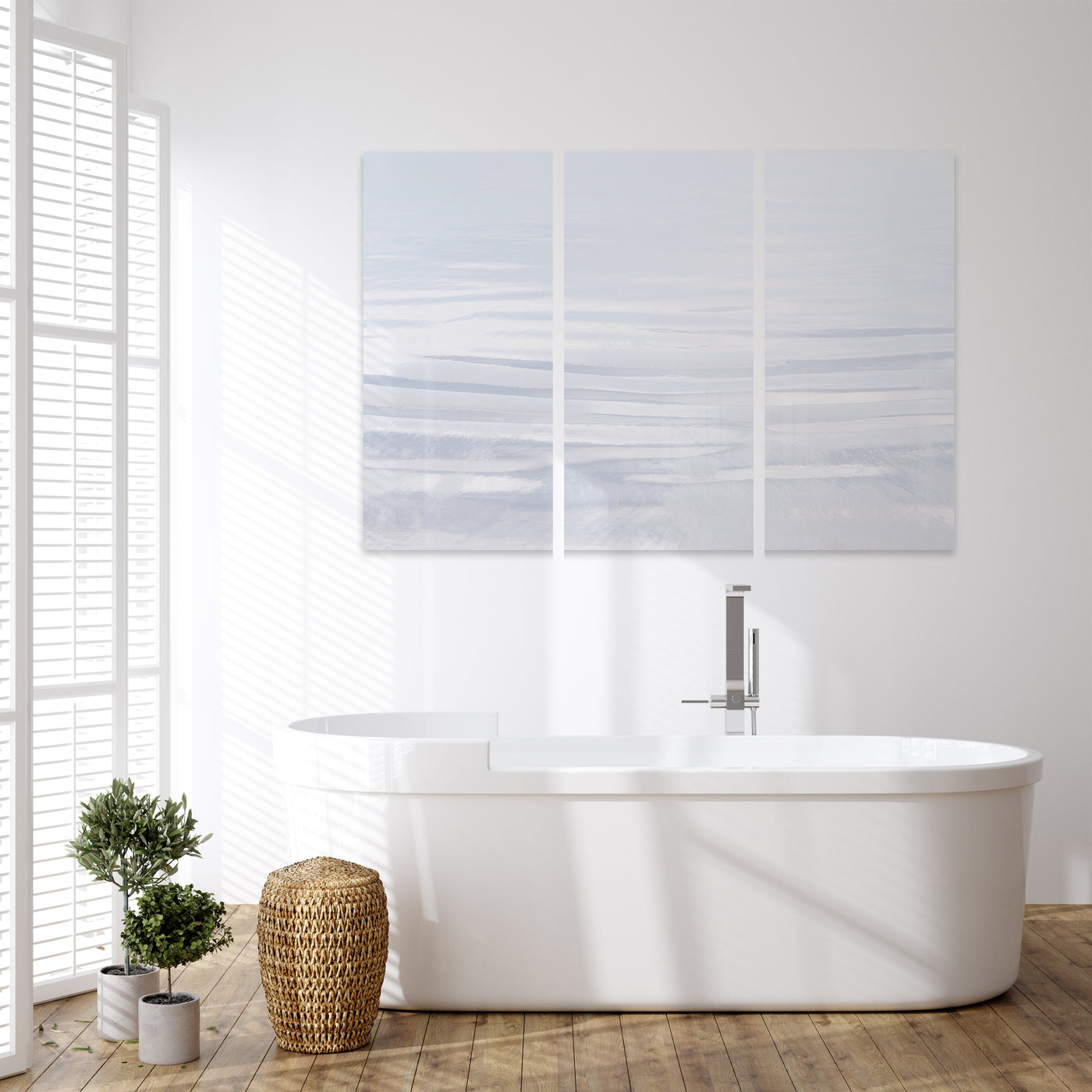 The Blue Hour - Abstract wall art 3 piece set by Cattie Coyle Photography in bathroom