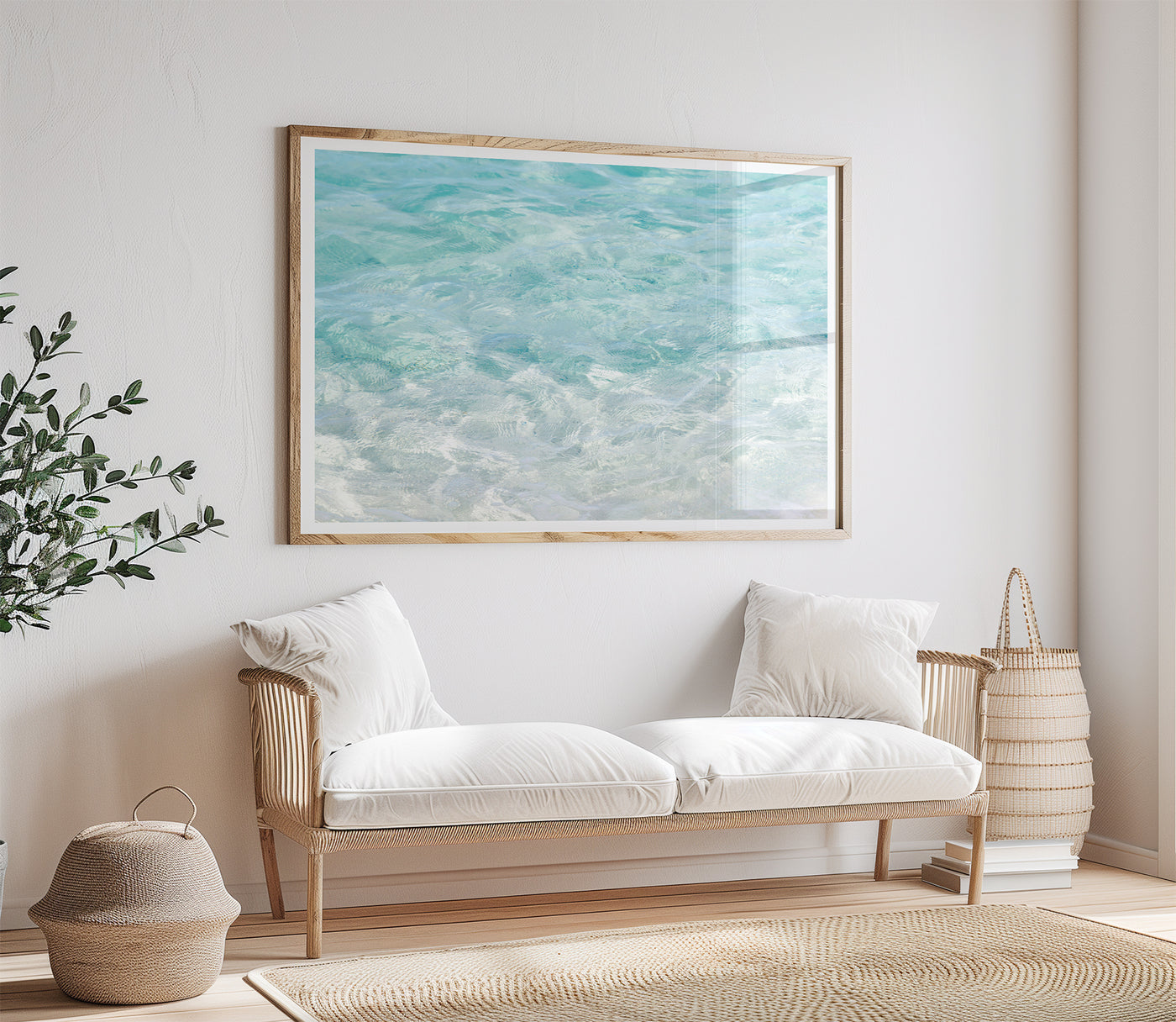 Turquoise water – Fine art print by Cattie Coyle Photography above couch
