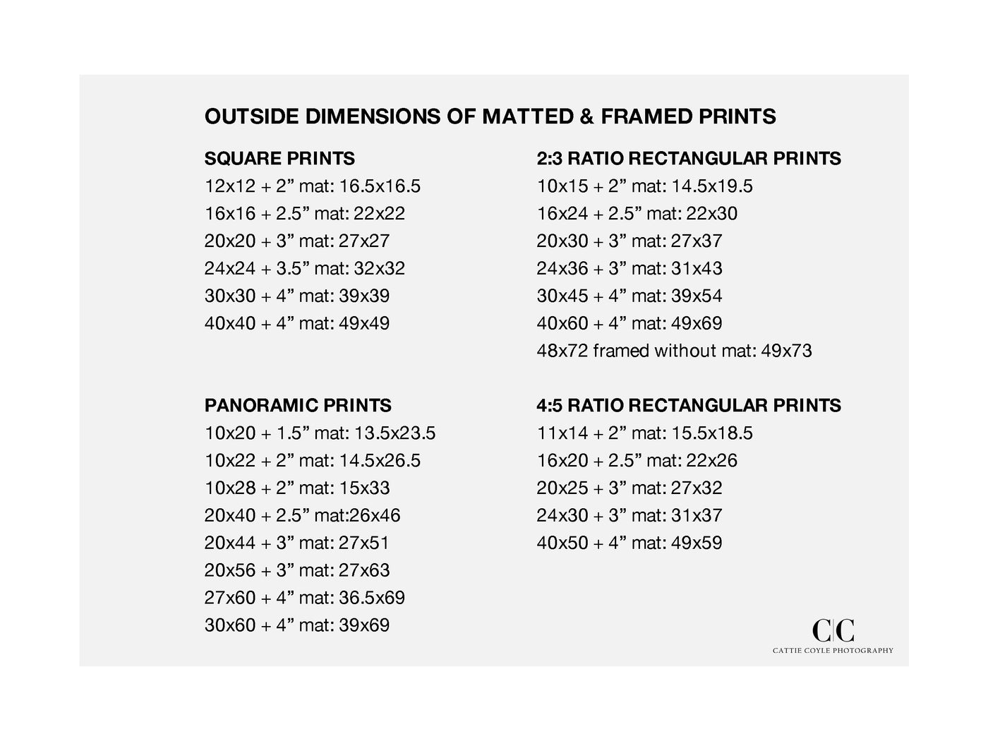 Framed art print sizes - Cattie Coyle PhotographyArt print sizes - Inches to cm conversion chart | Cattie Coyle Photography