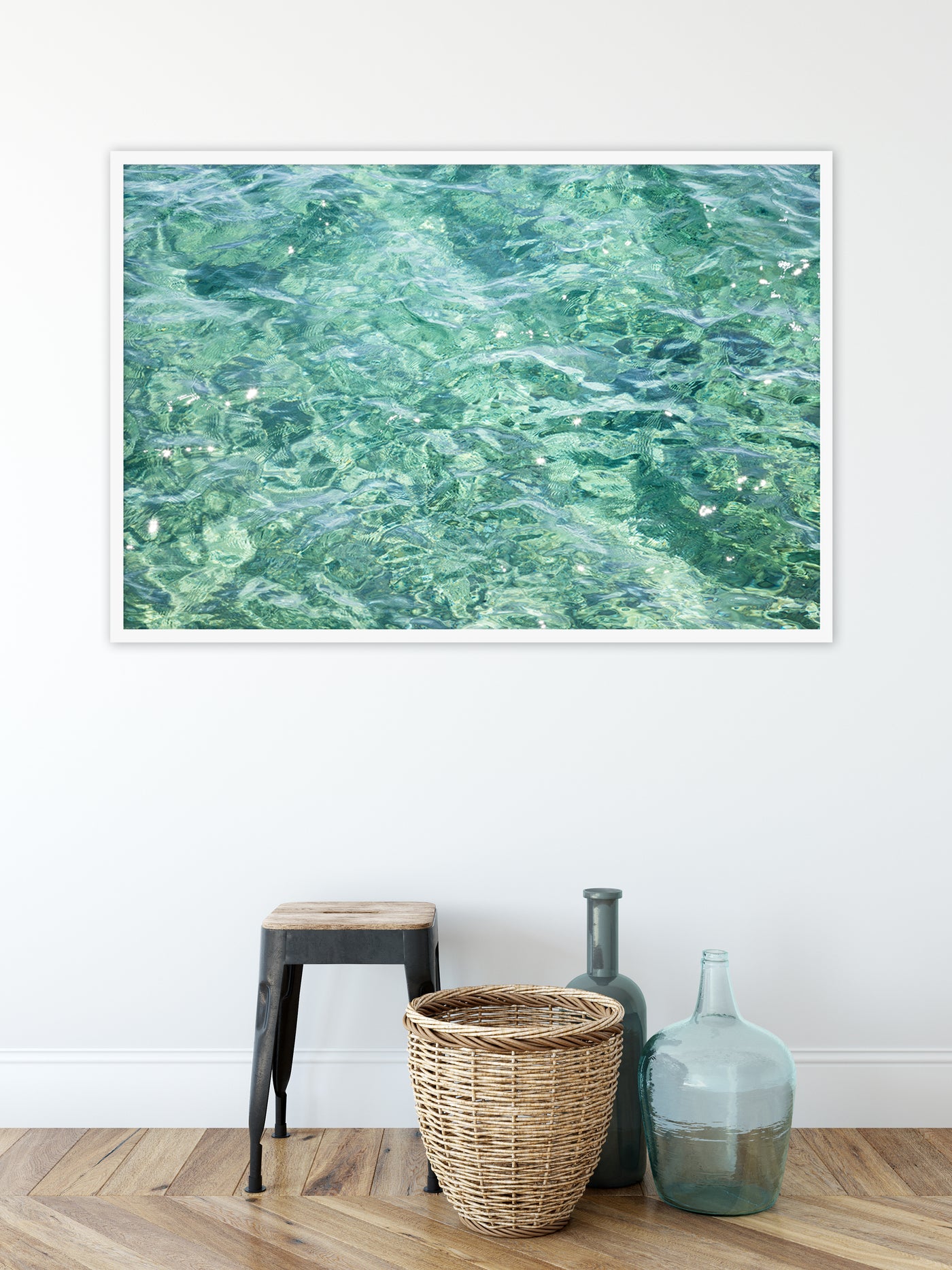 Large framed mint green water abstract art print in neutral colored home