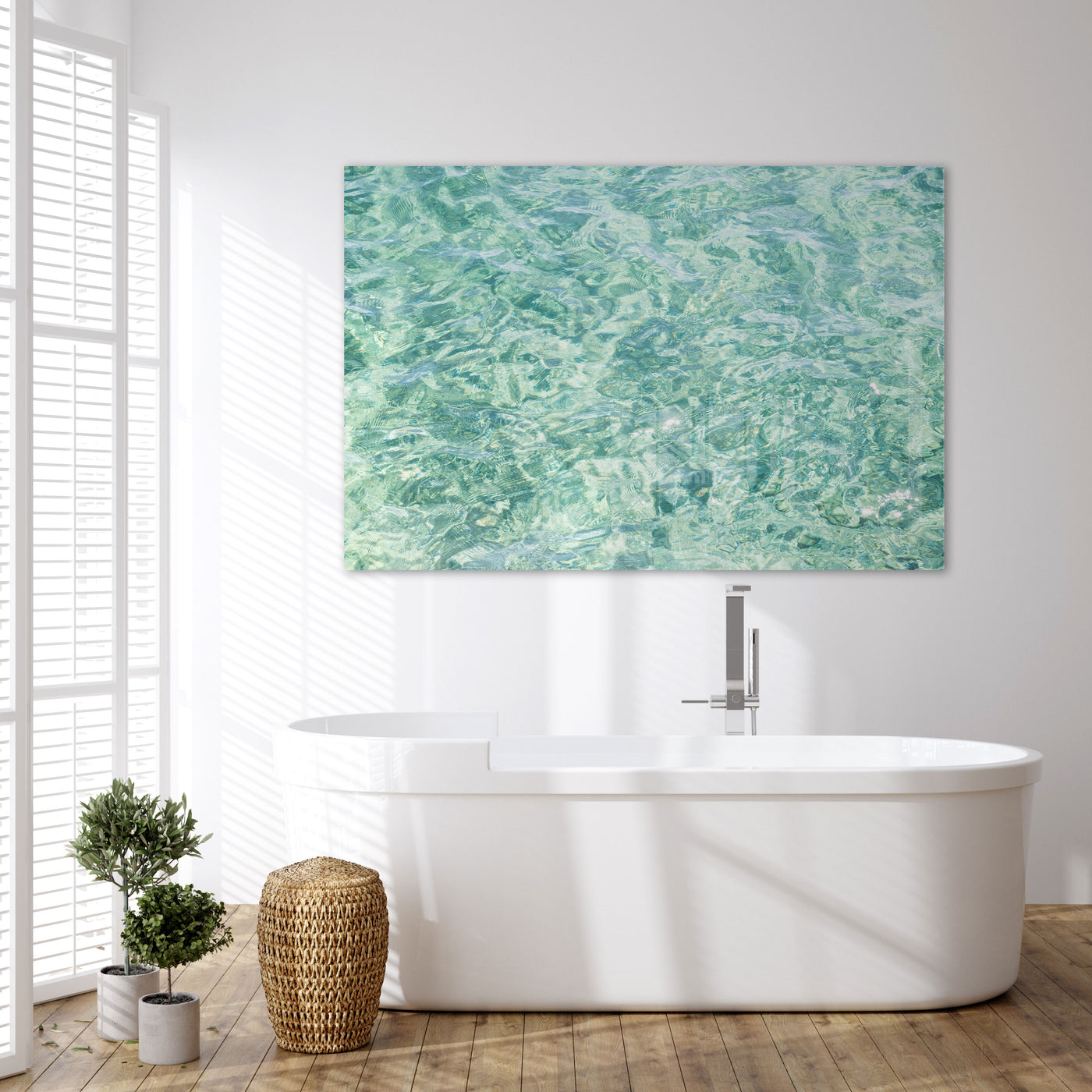 Extra large acrylic glass wall art by Cattie Coyle Photography in bathroom