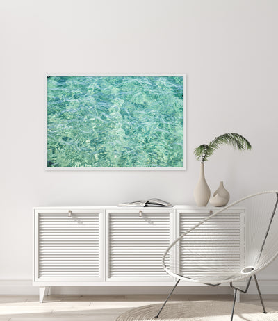 Abstract Water - Ocean art print by Cattie Coyle Photography above dresser in modern beach house